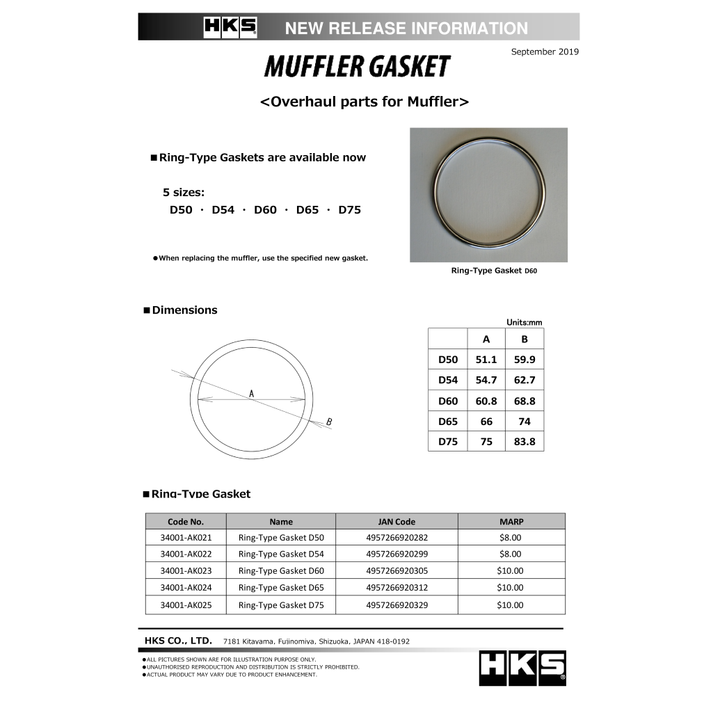 HKS Muffler Gasket 66mm ID 74mm OD