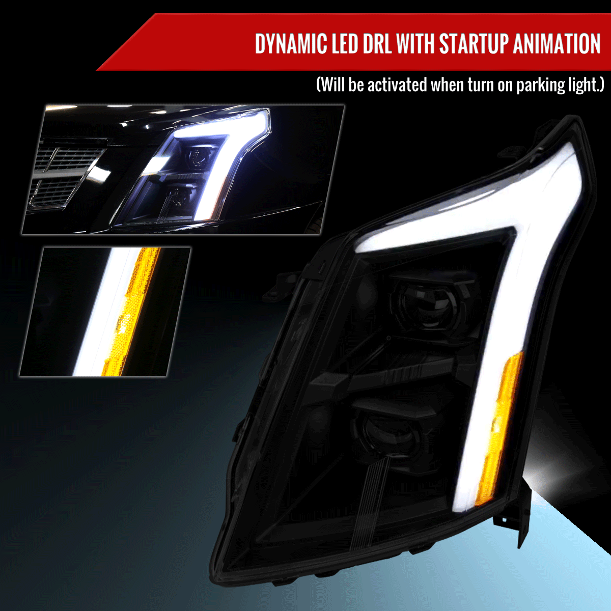 2010-2016 Cadillac SRX LED Projector Headlights w/ Switchback Sequential Turn Signal Bar (Matte Black Housing/Smoked Lens)