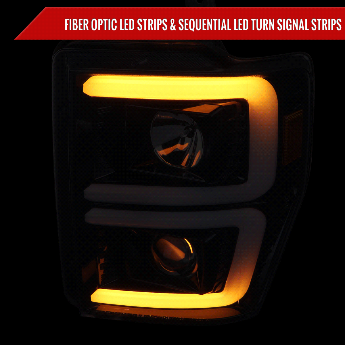 2008-2010 Ford F-250/F-350/F-450/F-550 LED Sequential Turn Signal Bar Projector Headlights (Glossy Black Housing/Smoked Lens)