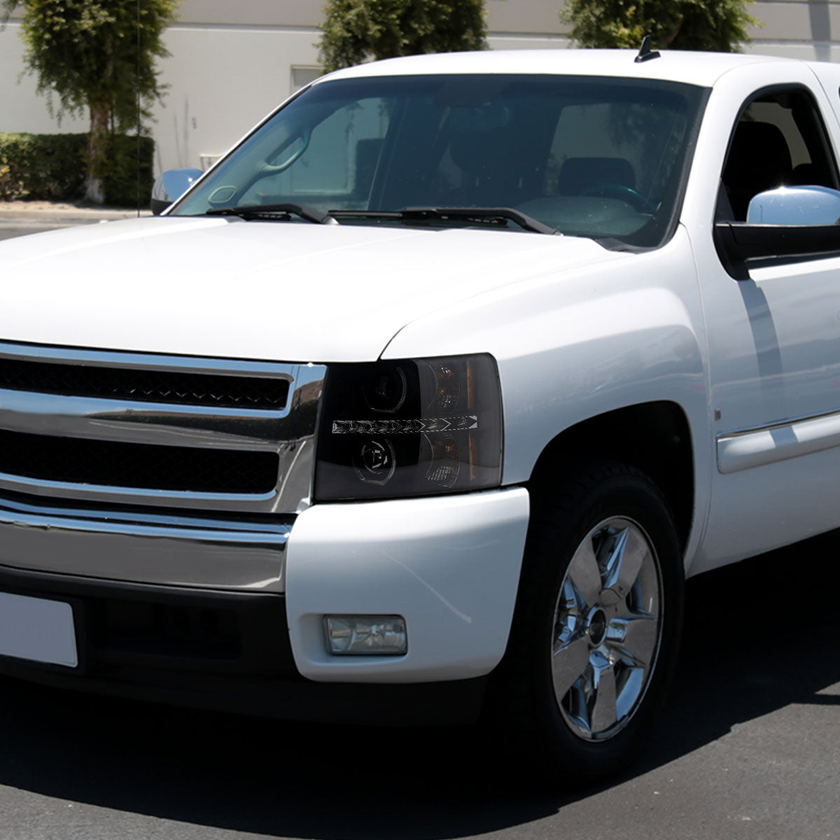 2007-2013 Chevrolet Silverado 1500/ 2007-2014 Silverado 2500HD 3500HD Dual U-Ring Halo Projector Headlights w/ LED Light Strip (Matte Black Housing/Smoked Lens)