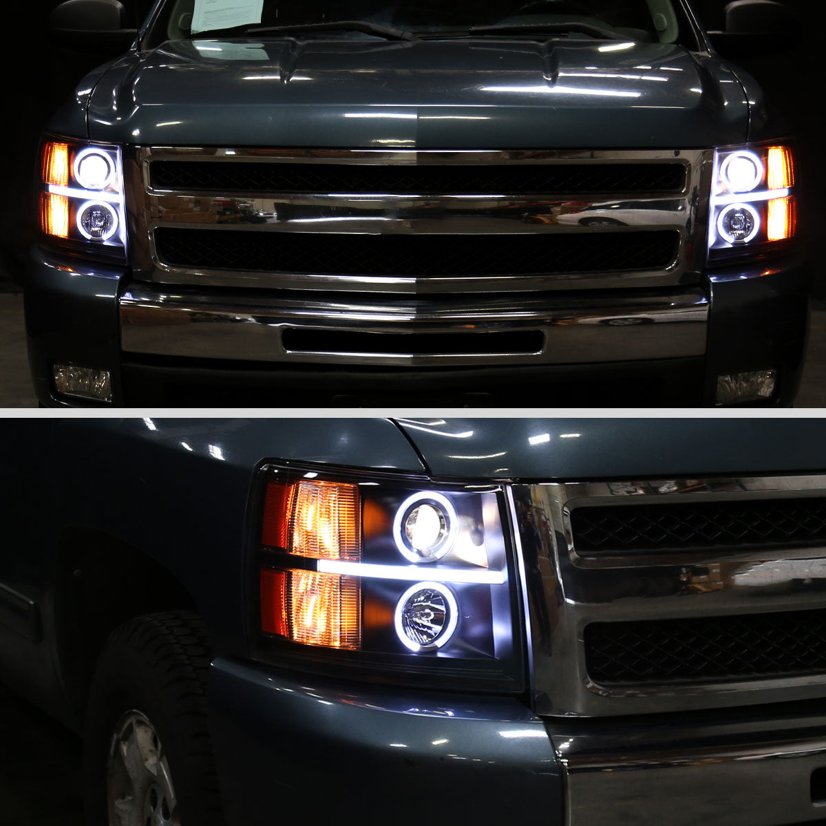 2007-2013 Chevrolet Silverado 1500 2500 3500 LED Strip Dual Halo Projector Headlights (Matte Black Housing/Smoked Lens)