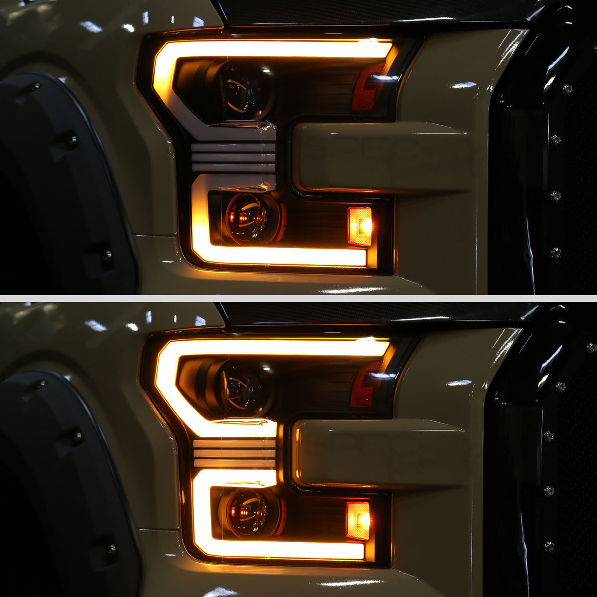 2015??2017 Ford F-150 LED Bar Projector Headlights w/ Switchback Sequential Turn Signals, Amber LED & Pulsing Glow (Black Housing / Clear Lens)