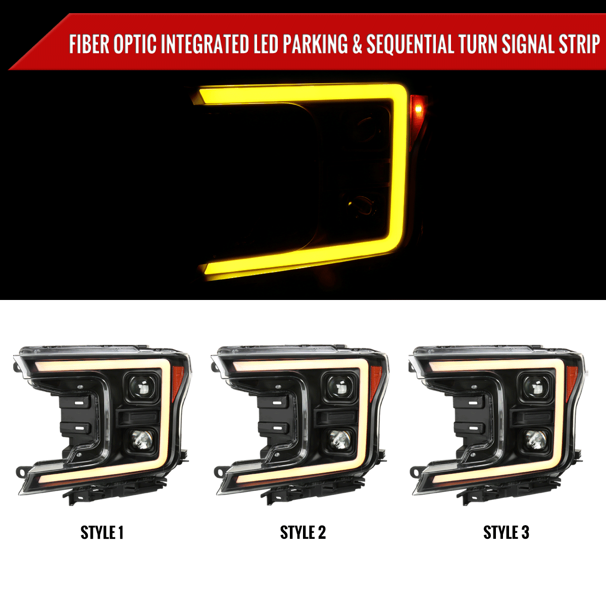 2018-2020 Ford F-150 Amber LED C-Bar Projector Headlights w/ Switchback Sequential Turn Signal Lights (Matte Black Housing / Clear Lens)
