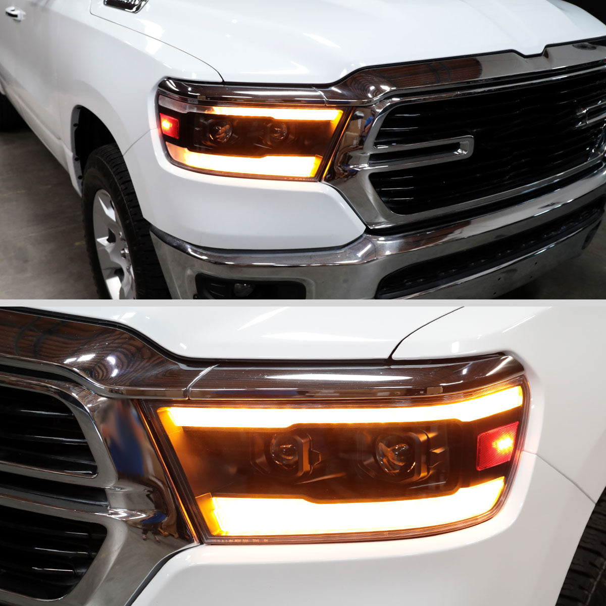 2019??2024 Dodge RAM 1500 LED Bar Projector Headlights w/ Switchback Sequential Turn Signals, Amber LED & Pulsing Glow (Matte Black Housing / Clear Lens)