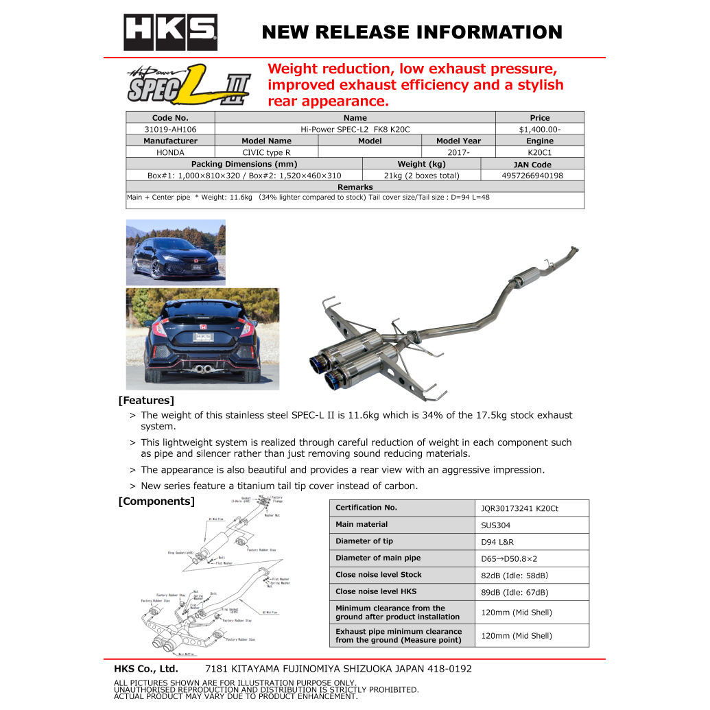 HKS Hi-Power Muffler SPEC-L2 - Honda FK8 Civic Type-R