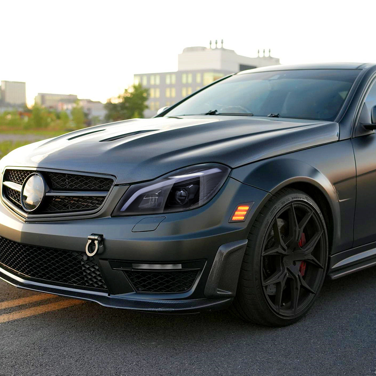 2012-2014 Mercedes-Benz W204 C-Class Switchback Sequential LED Bar Projector Headlights (Matte Black Housing/Smoked Lens)