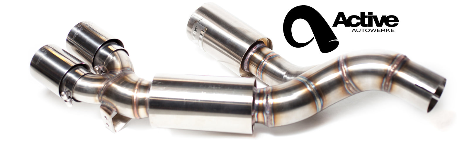 Metal exhaust pipes with 'Active Autowerke' branding on a white background