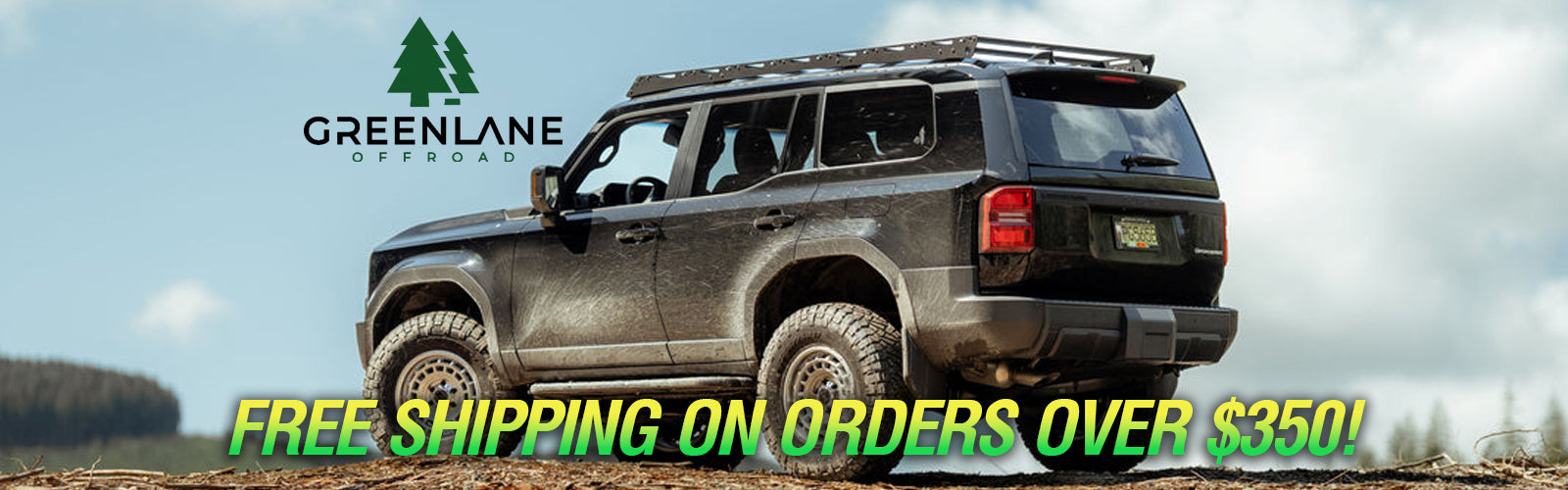 SUV with Greenlane logo and free shipping offer text on a scenic background