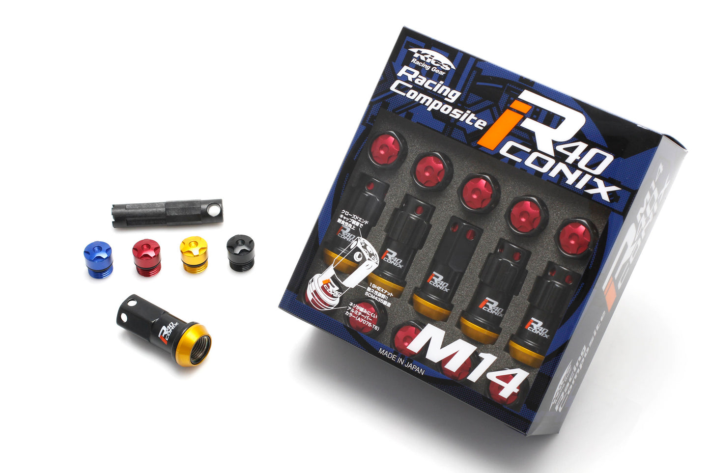 PROJECT KICS R40 ICONIX M14x1.5 Lug Nuts W/ LOCKS AND W/ PLASTIC CAPS (Black)