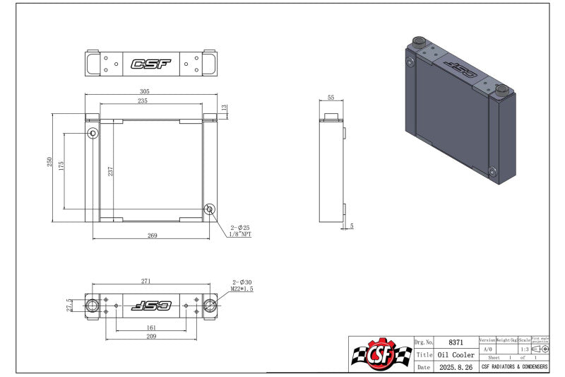 CSF Universal Large Single-Pass Oil Cooler - M22 x 1.5 - 12in L x 9.33in H x 2.16in W