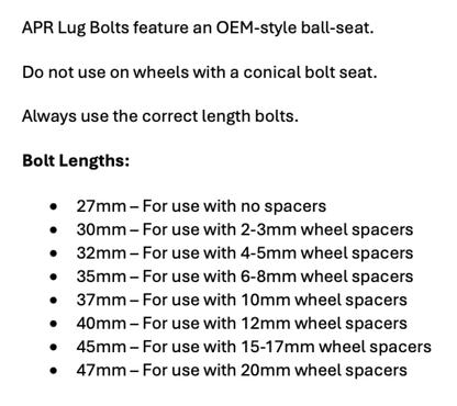 APR Lug Bolts - Use w/Factory Spacers - 27mm - Black (Set of 10)