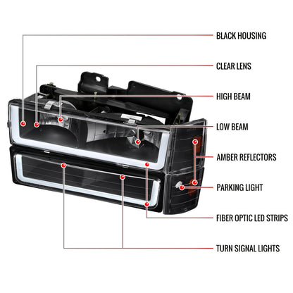 1988-1993 Chevrolet/GMC C10 C/K Sierra Tahoe LED Tube Factory Style Headlights with Bumper & Corner Lights (Matte Black Housing/Clear Lens)