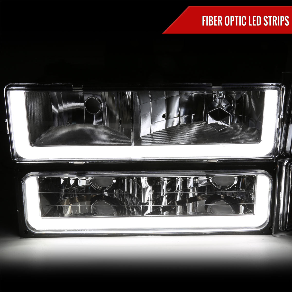 1994-1998 Chevrolet Silverado/Tahoe/Suburban/C10 Factory Style Headlights w/LED Strip and Bumper & Corner Lights (Chrome Housing/Clear Lens)