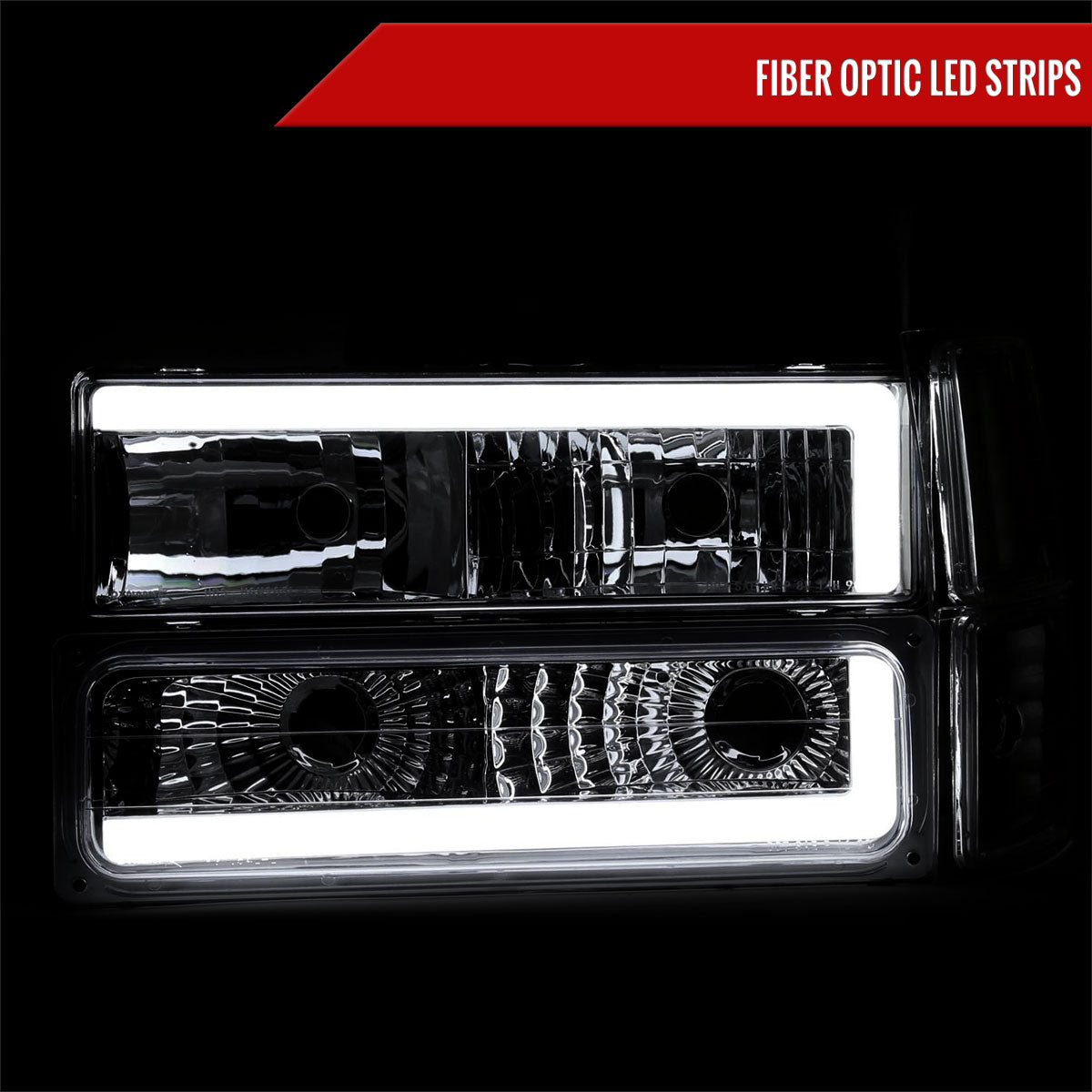 1994-1998 Chevrolet C10 C/K Tahoe Suburban LED Tube Factory Headlights with Corner Signal Bumper Lights (Chrome Housing/Smoked Lens)