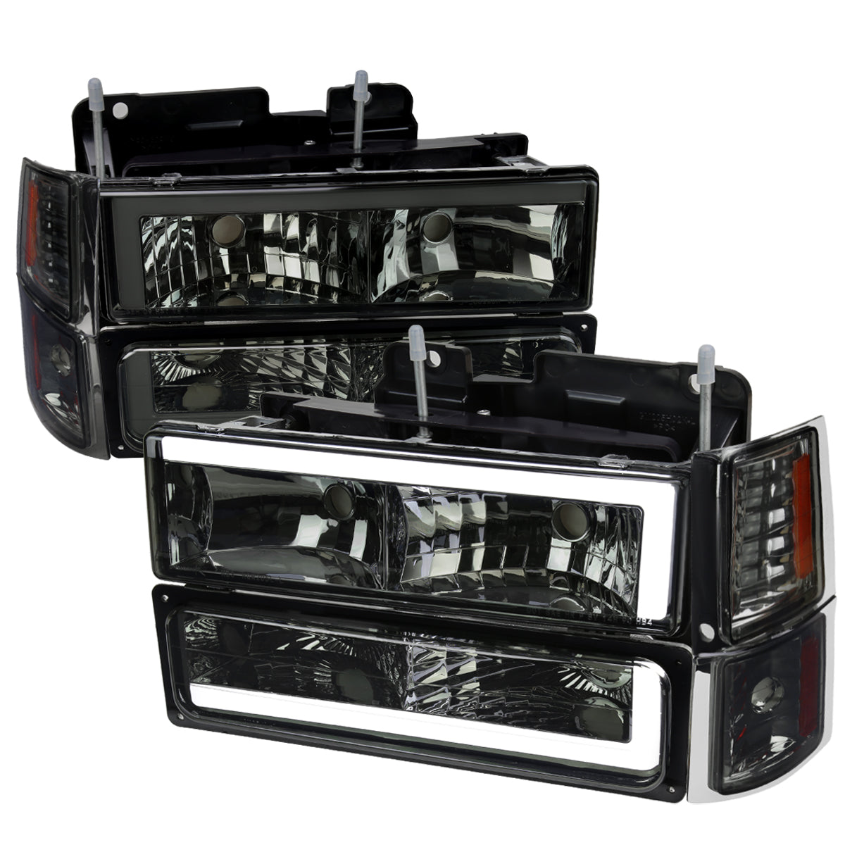 1994-1998 Chevrolet C10 C/K Tahoe Suburban LED Tube Factory Headlights with Corner Signal Bumper Lights (Chrome Housing/Smoked Lens)