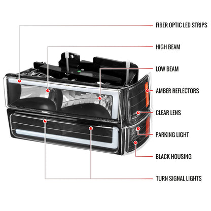 1994-1998 Chevrolet C10 C/K Tahoe Suburban LED Tube Factory Headlights with Corner Signal Bumper Lights (Matte Black Housing/Clear Lens)