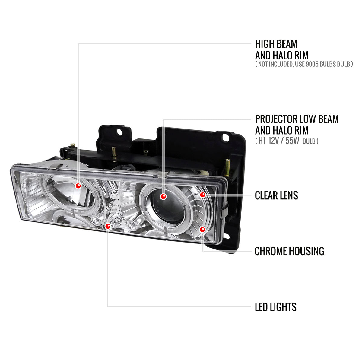 1994-1998 Chevrolet C/K 1500 2500/Tahoe Dual Halo Projector Headlights With Bumper and Corner Signal Lights (Chrome Housing/Clear Lens)