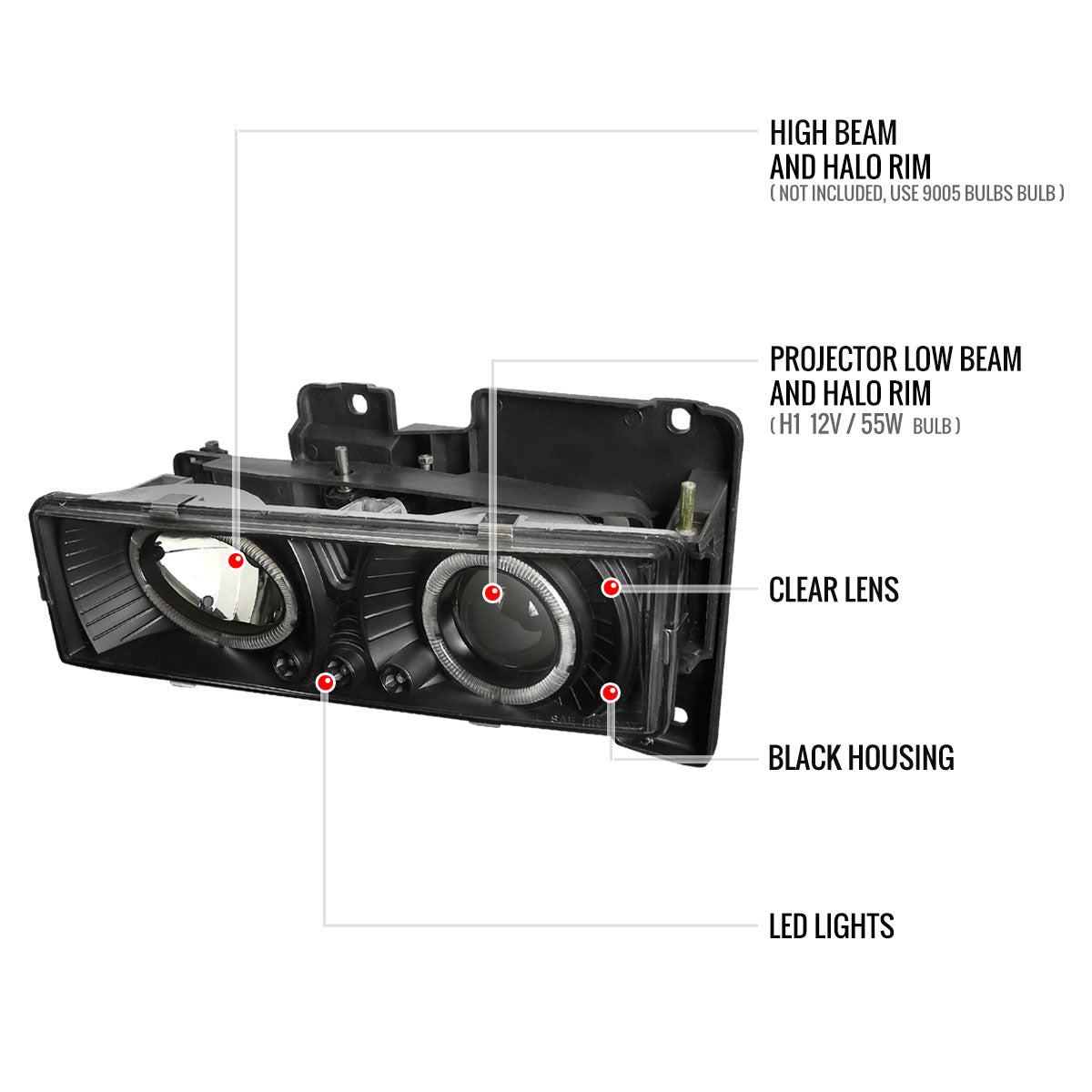 1994-1999 GMC C/K C10 Sierra Dual Halo Projector Headlights With Bumper and Corner Signal Lights (Matte Black Housing/Clear Lens)