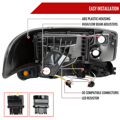 1999-2006 GMC Sierra/2007 Sierra Classic/2000-2006 Yukon/XL Factory Style Headlights and Sequential Turn Signal Bumper Lights (Matte Black Housing/Clear Lens)