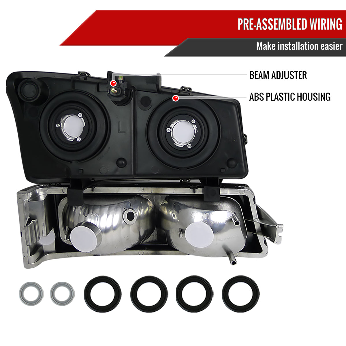 2002-2006 Chevrolet Avalanche/ 2003-2007 Silverado Factory Style Headlights w/ Bumper Lights (Chrome Housing/Smoked Lens)