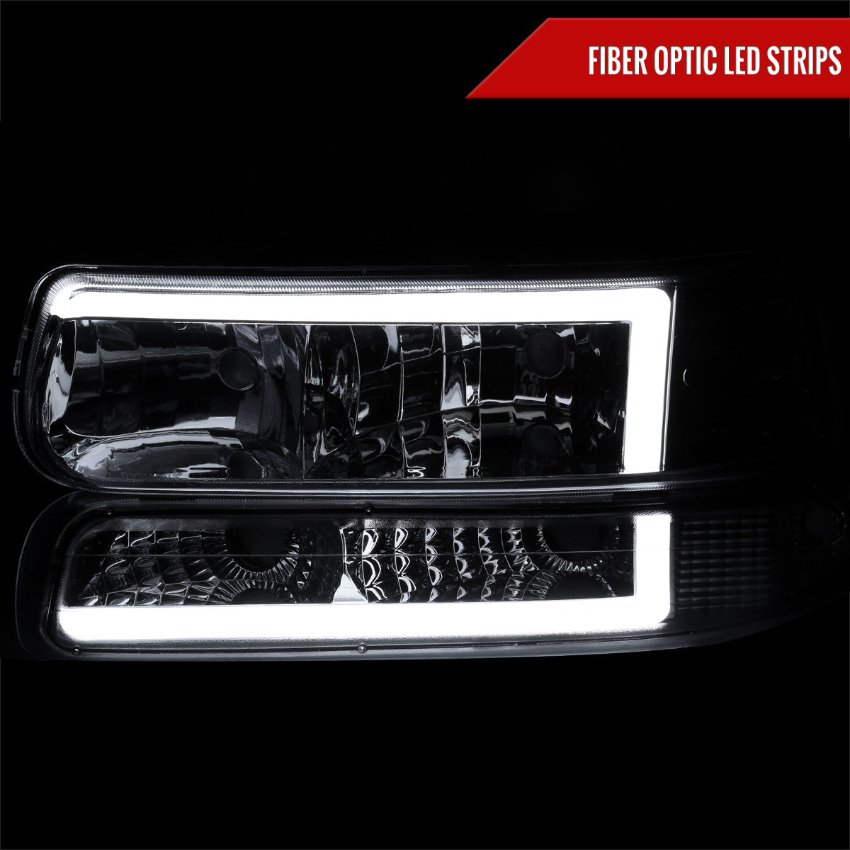 1999-2002 Chevrolet Silverado 1500 2500 / 2000-2006 Tahoe Suburban LED Bar Factory Style Headlights & Bumper Lights w/ Amber Reflector (Chrome Housing/Smoked Lens)