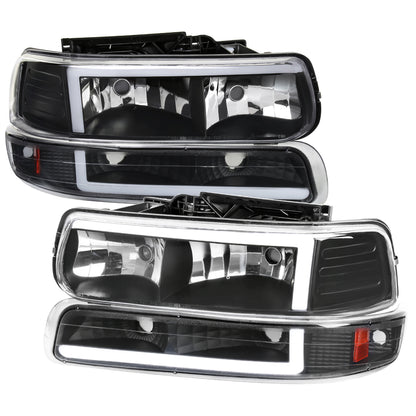 1999-2002 Chevrolet Silverado 1500 2500 / 2000-2006 Tahoe Suburban LED Bar Factory Style Headlights & Bumper Lights w/ Amber Reflector (Matte Black Housing/Clear Lens)