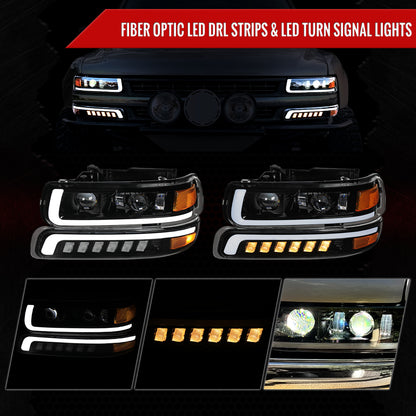 1999-2002 Chevrolet Silverado / 2000-2006 Tahoe / Suburban LED Projector DRL Headlights w/ Bumper Lights (Jet Black Housing/Clear Lens)