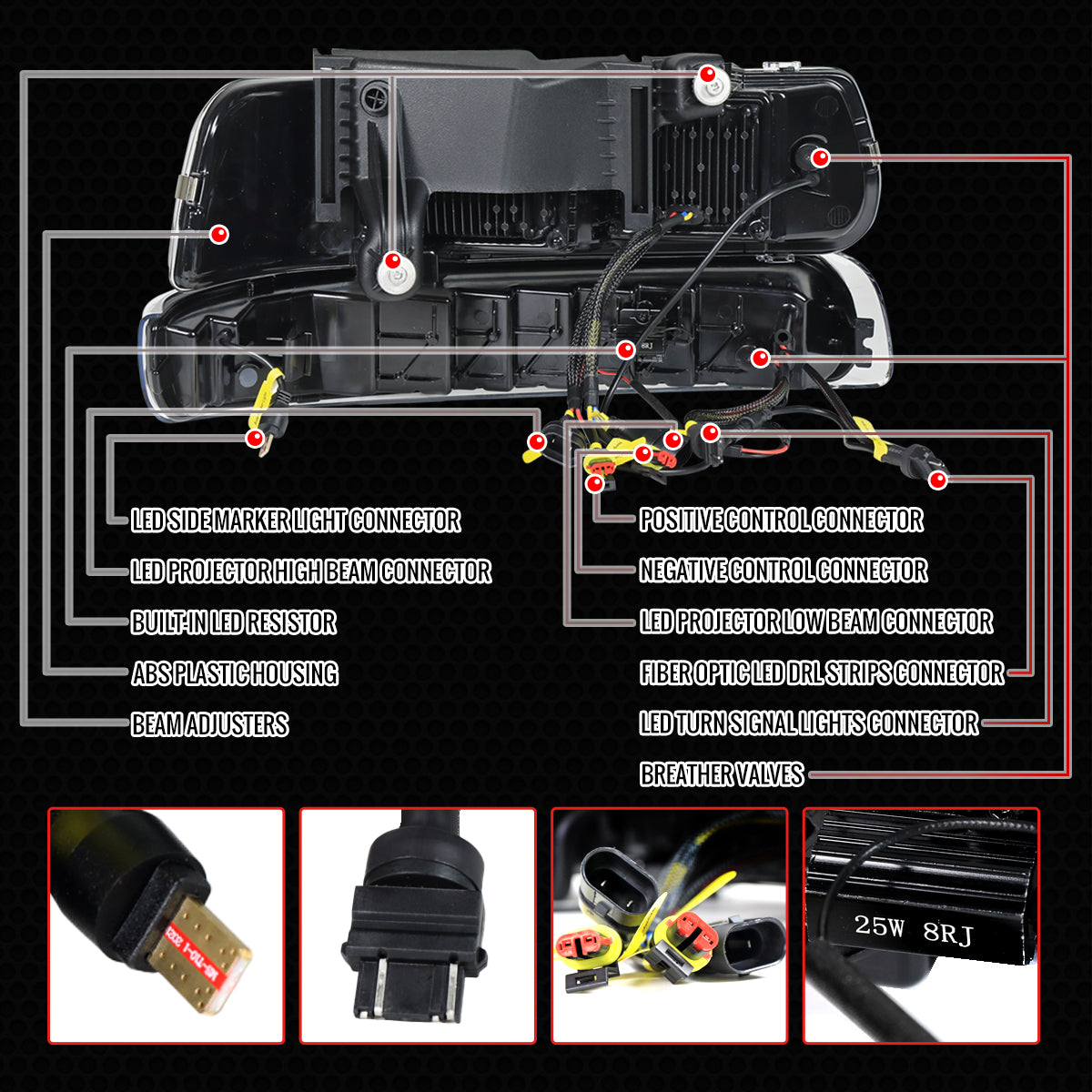 1999-2002 Chevrolet Silverado / 2000-2006 Tahoe / Suburban LED Projector DRL Headlights w/ Bumper Lights (Jet Black Housing/Clear Lens)