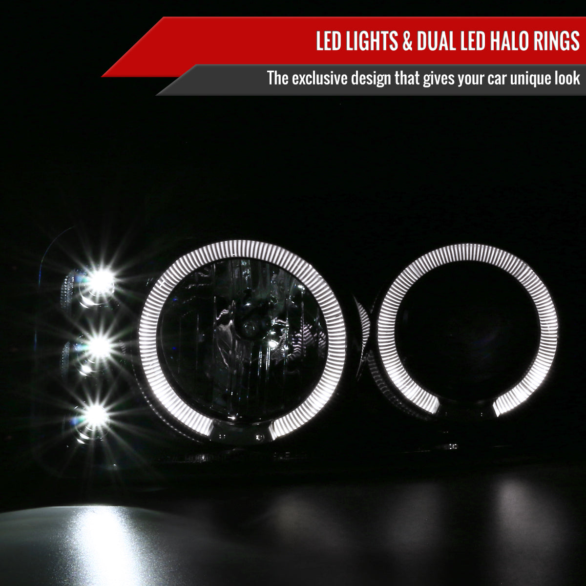 1999-2006 GMC Sierra/ 2000-2006 Yukon/Yukon XL Dual Halo Projector Headlights with LED Sequential Turn Signal Bumper Lights (Glossy Black Housing/Smoked Lens)