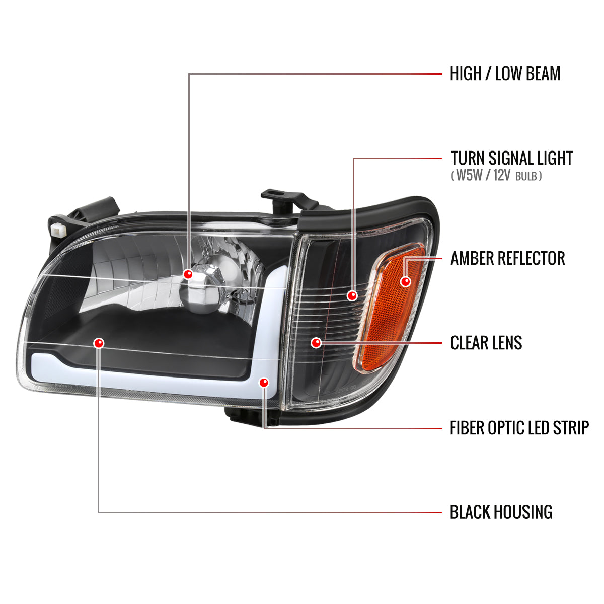 2001-2004 Toyota Tacoma LED Bar Factory Style Headlights w/ Corner Lamps and Amber Reflector (Matte Black Housing/Clear Lens)