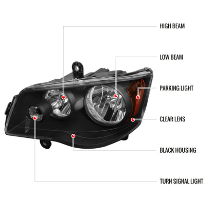 2008-2018 Dodge Grand Caravan Chrysler Town & Country Factory Style Headlights (Matte Black Housing/Clear Lens)