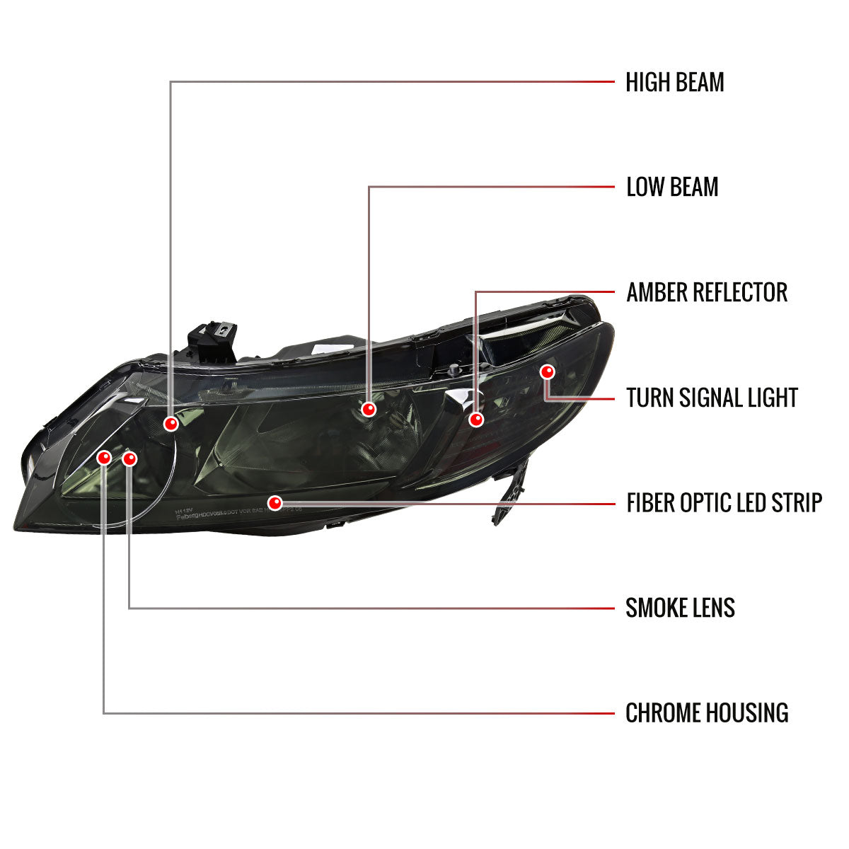 2006-2011 Honda Civic 4DR Sedan Factory Style Headlights w/ LED Strip (Chrome Housing/Smoked Lens)