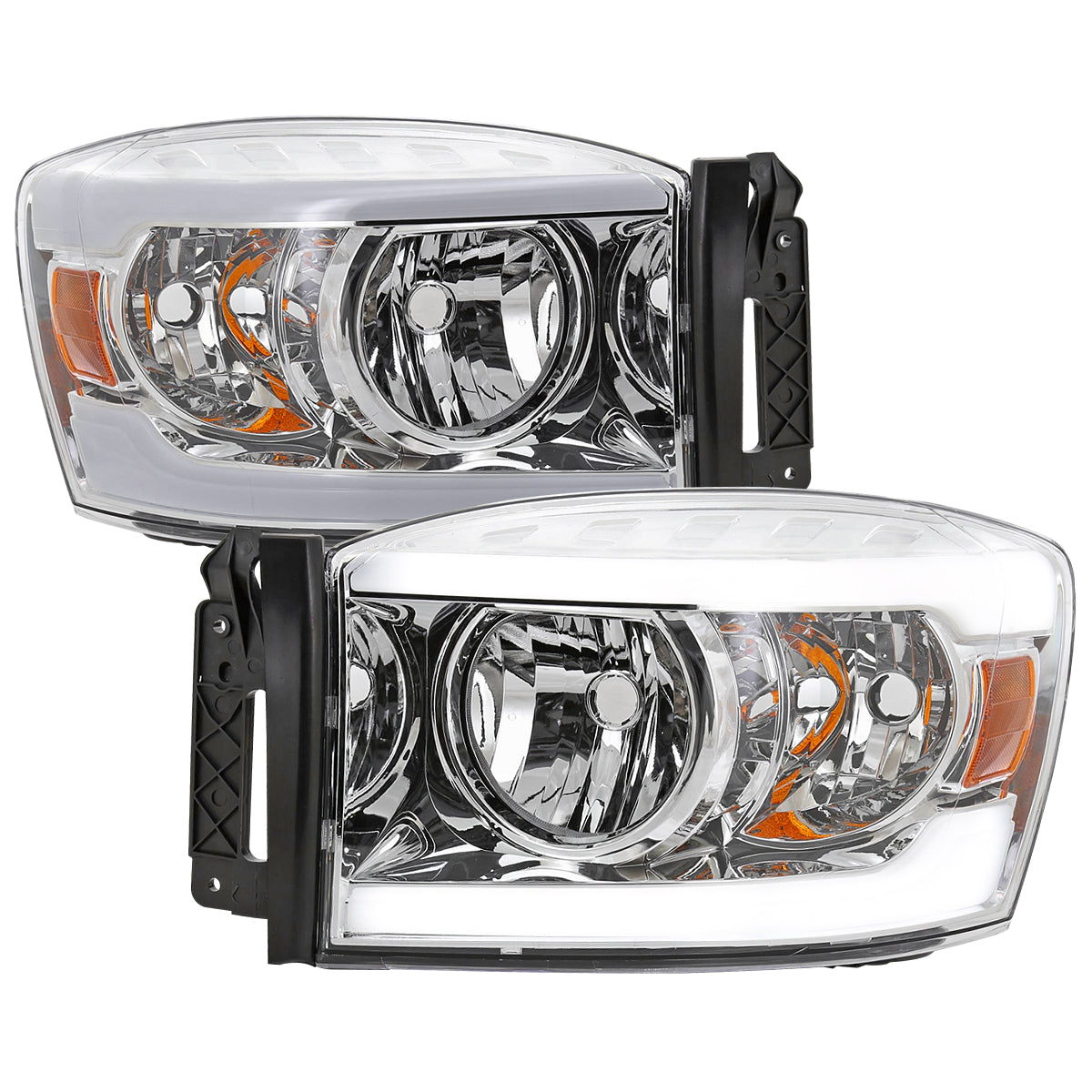 2006-2008 Dodge Ram 1500/ 2006-2009 Ram 2500 3500 LED Tube Factory Style Headlights with Amber Reflector (Chrome Housing/Clear Lens)