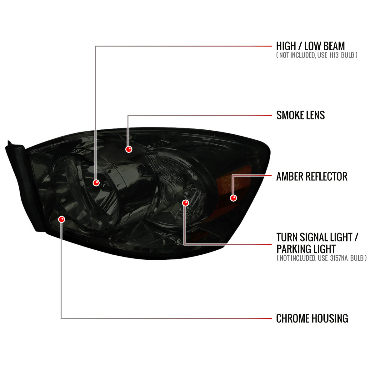 2006-2008 Dodge RAM 1500/ 2006-2009 RAM 2500 3500 Factory Style Crystal Headlights (Chrome Housing/Smoked Lens)
