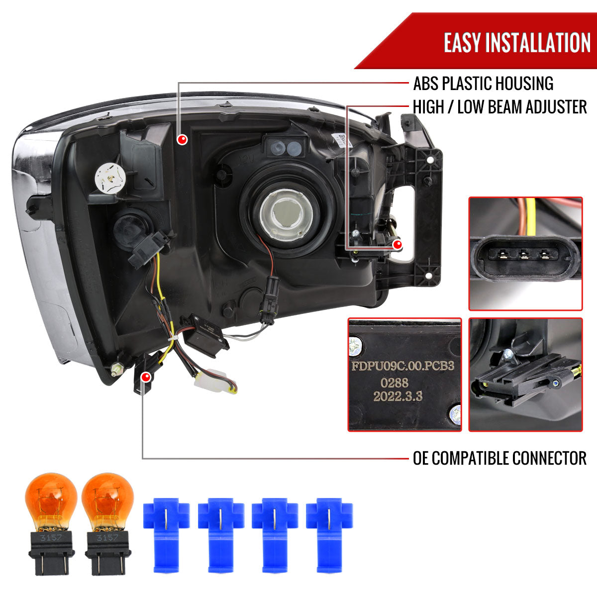 2006-2008 Dodge Ram 1500/ 2006-2009 Ram 2500 3500 LED Tube Factory Style Headlights with Amber Reflector (Matte Black Housing/Clear Lens)