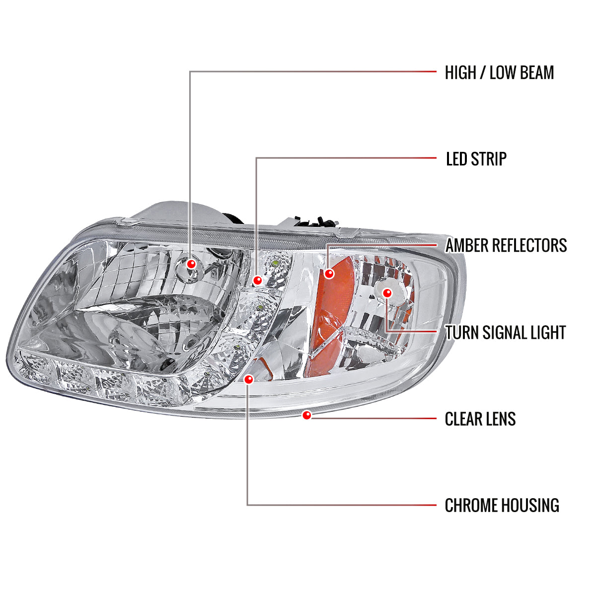1997-2004 Ford F-150/Expedition Factory Style Crystal Headlights w/ SMD LED Light Strip (Chrome Housing/Clear Lens)