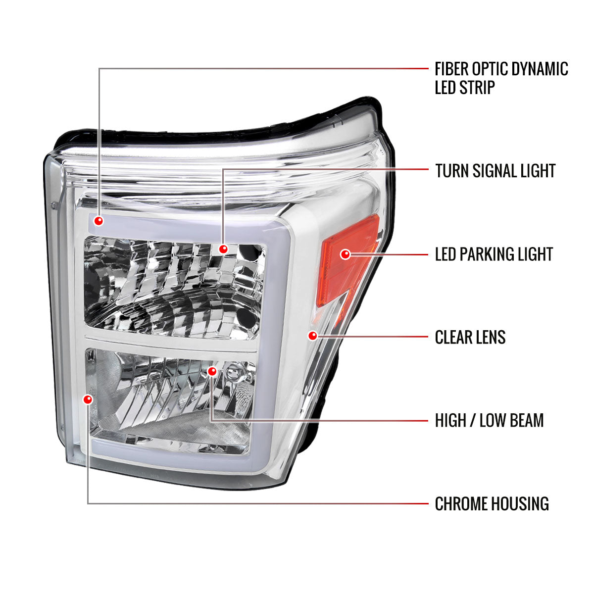 2011-2016 Ford F-250/F-350/F-450/F-550 Super Duty LED C-Bar Factory Style Headlights (Chrome Housing/Clear Lens)