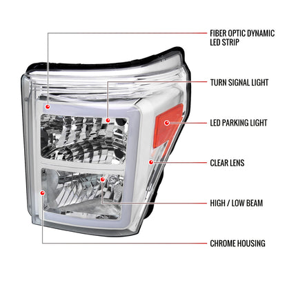2011-2016 Ford F-250/F-350/F-450/F-550 Super Duty LED C-Bar Factory Style Headlights (Chrome Housing/Clear Lens)