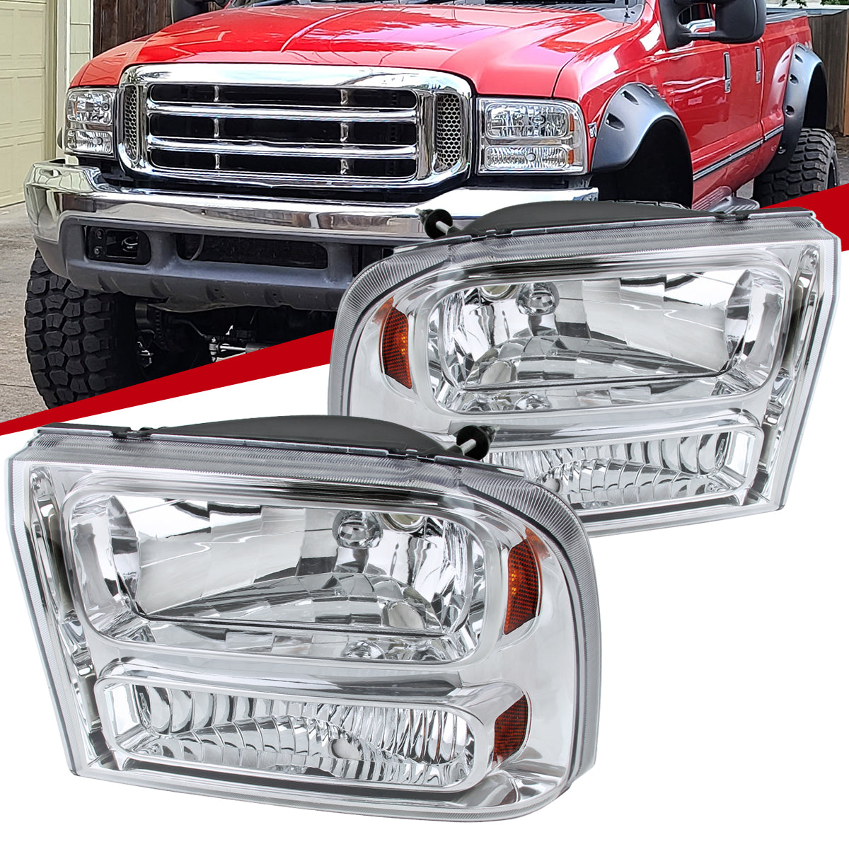 1999-2004 Ford Excursion/F-250/F-350/F-450/F-550 Crystal Headlights (Chrome Housing/Clear Lens)