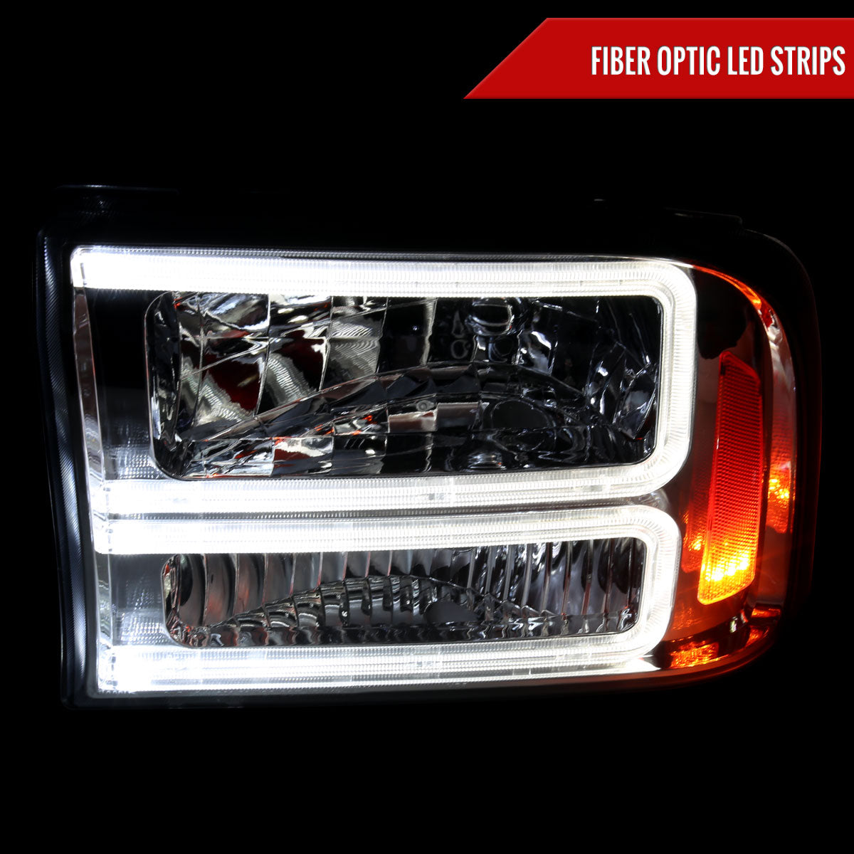1999-2004 Ford F-250/F-350/F-450/F-550/2000-2004 Excursion Euro Factory Style Headlights with Dual LED C-Bar  (Chrome Housing/Smoked Lens)