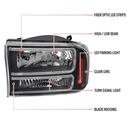 1999-2004 Ford F-250/F-350/F-450/F-550/2000-2004 Excursion Euro Factory Style Headlights with Dual LED C-Bar  (Matte Black Housing/Clear Lens)