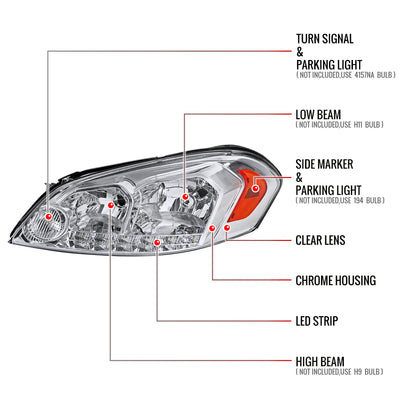 2006-2013 Chevrolet Impala / 2014-2015 Impala Limited / 2006-2007 Monte Carlo Factory Style Crystal Headlights w/ SMD LED Light Strip (Chrome Housing/Clear Lens)