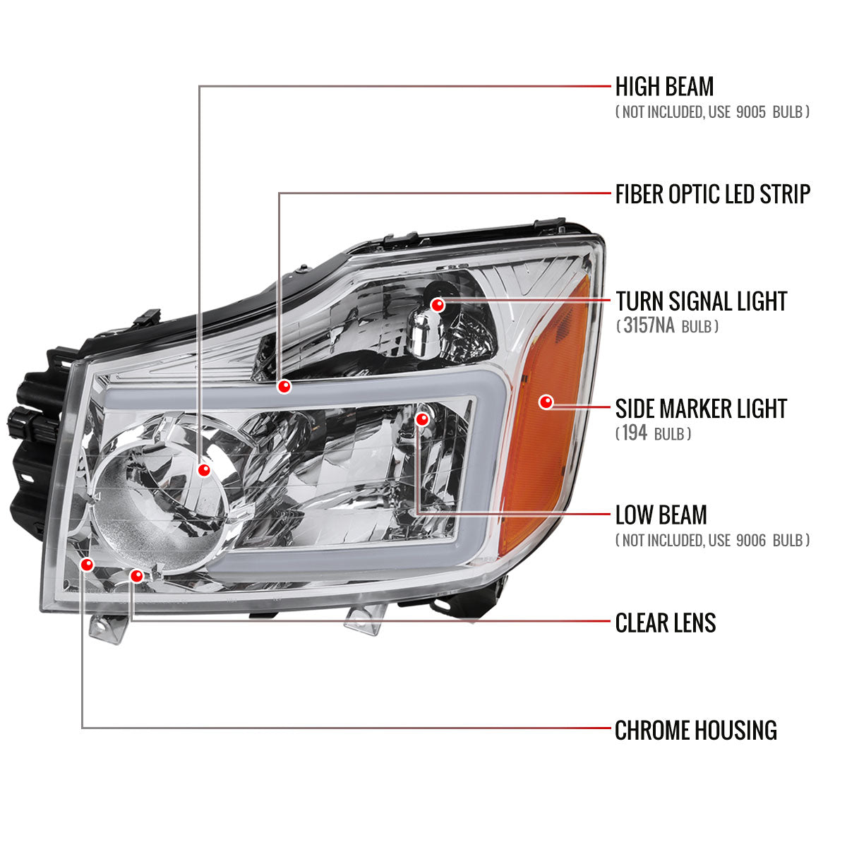 2004-2015 Nissan Titan / 2004-2007 Armada LED Bar Factory Headlights (Chrome Housing/Clear Lens)