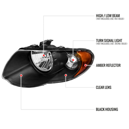 2005-2007 Chrysler Town & Country Factory Style Replacement Headlights (Matte Black Housing/Clear Lens)