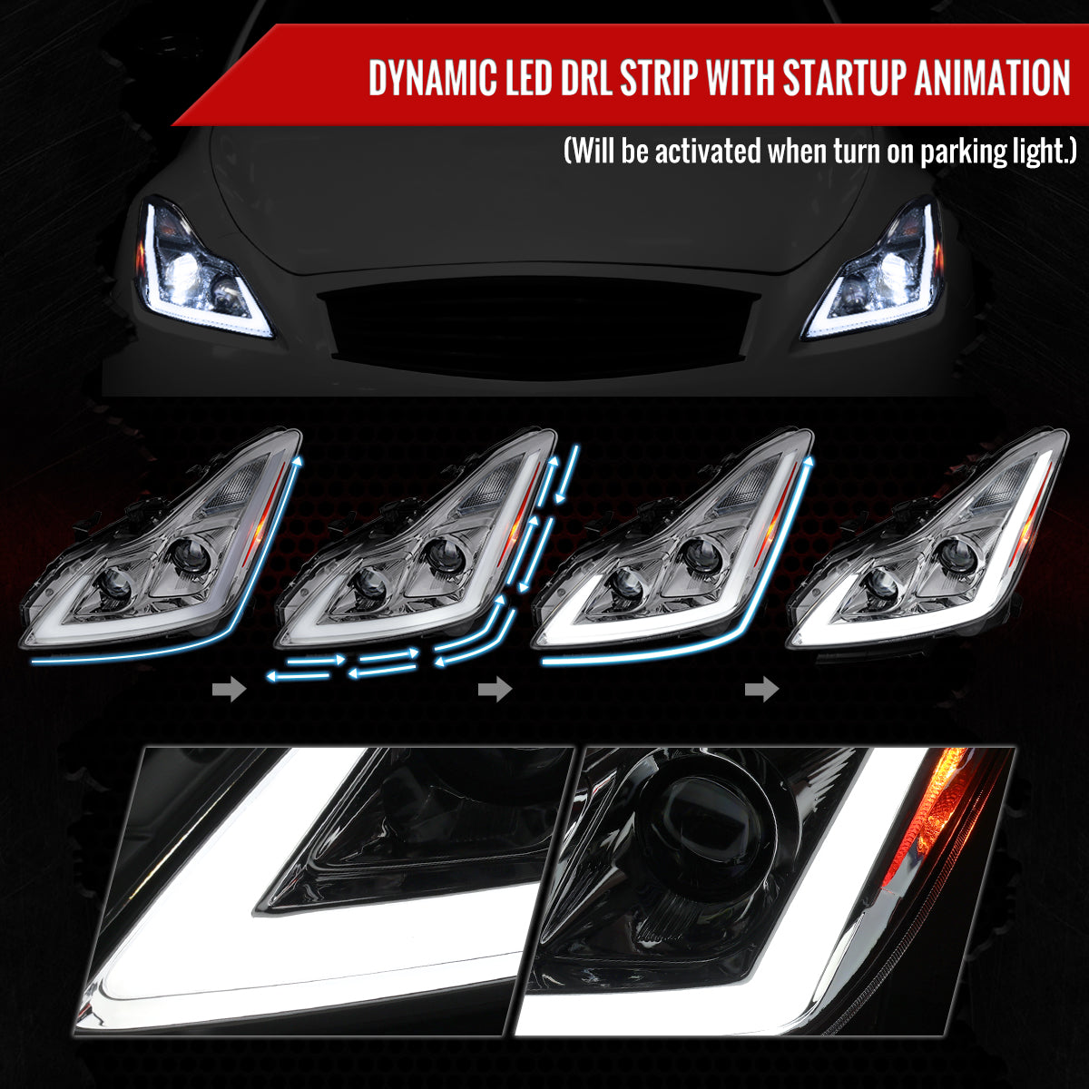2008-2013 Infiniti G37/2014-2015 Q60 Coupe/Convertible Sequential Switchback LED Turn Signal Full LED Projector Headlights (Chrome Housing / Clear Lens)