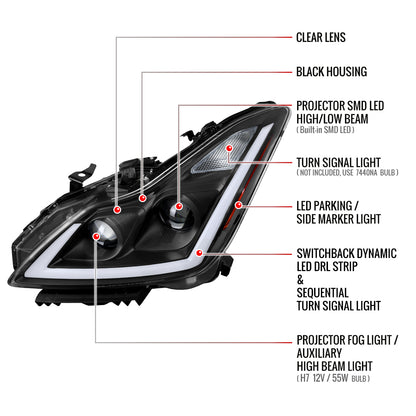 2008-2013 Infiniti G37/2014-2015 Q60 Coupe/Convertible Sequential Switchback LED Turn Signal Full LED Projector Headlights (Matte Black Housing / Smoked Lens)