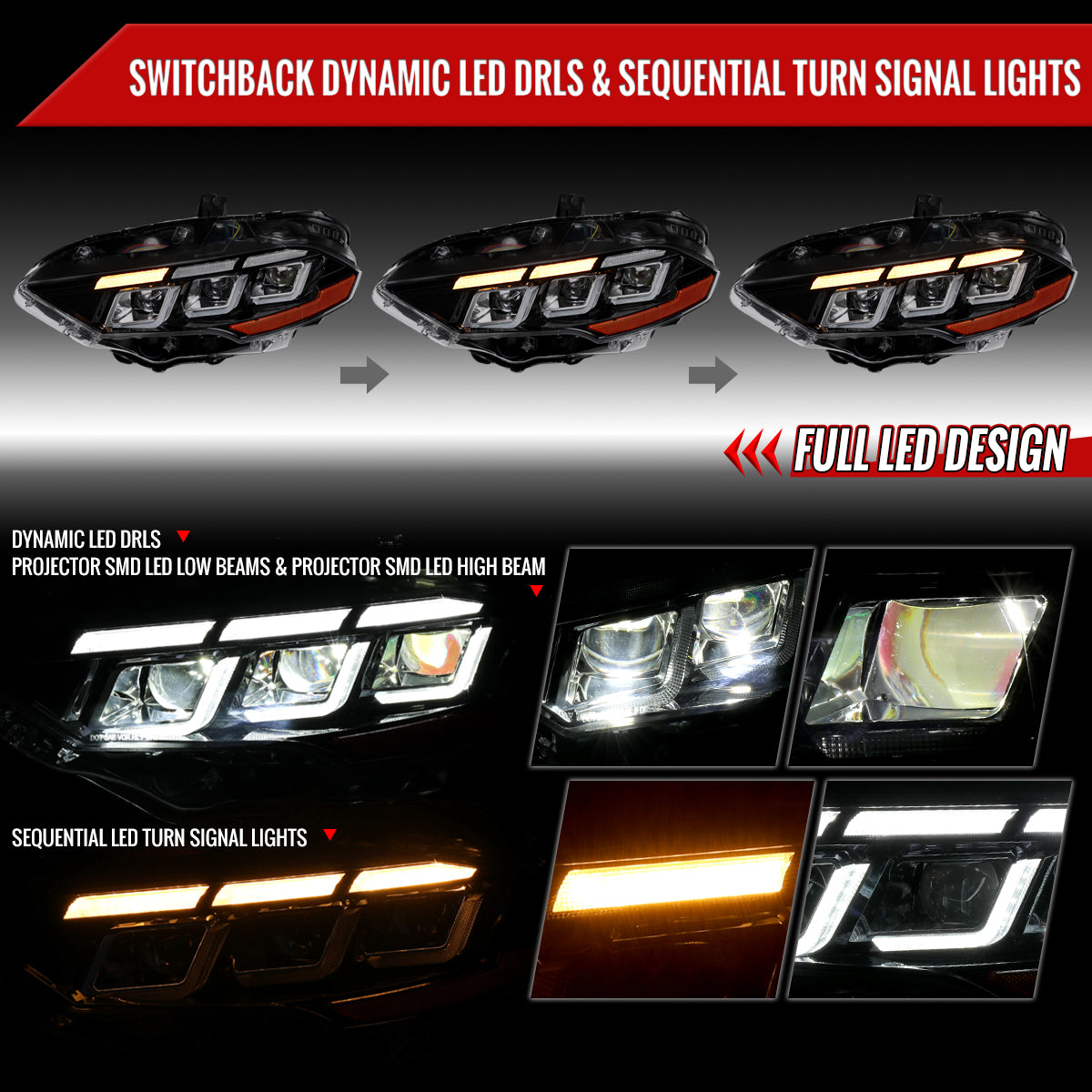2018??2023 Ford Mustang Full LED Projector Headlights Switchback Sequential with Start-Up Animation (Glossy Black Housing / Clear Lens)