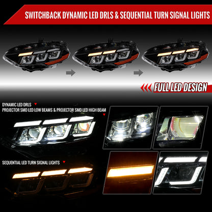 2018??2023 Ford Mustang Full LED Projector Headlights Switchback Sequential with Start-Up Animation (Glossy Black Housing / Clear Lens)