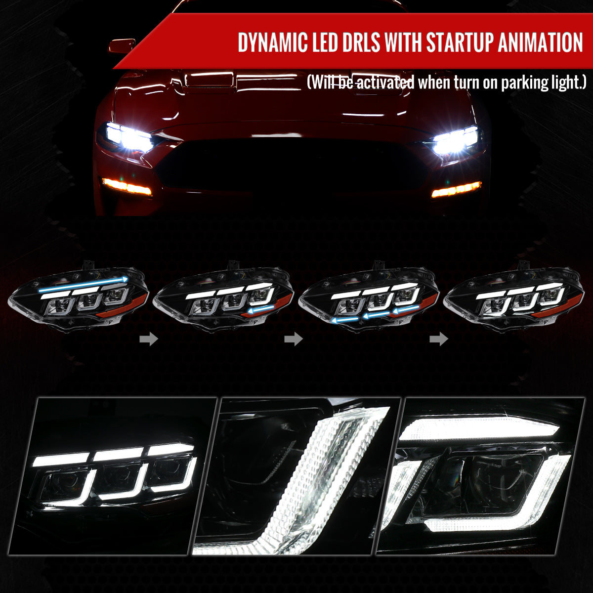 2018??2023 Ford Mustang Full LED Projector Headlights Switchback Sequential with Start-Up Animation (Glossy Black Housing / Clear Lens)