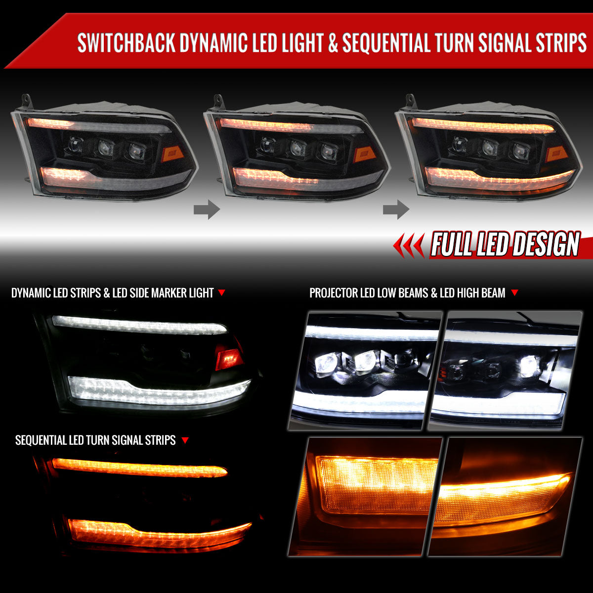 2009-2018 Dodge RAM 1500 / 2019 RAM Classic / 2010-2018 RAM 2500 3500 Switchback Sequential Full LED Projector Headlights (Matte Black Housing/Clear Lens)